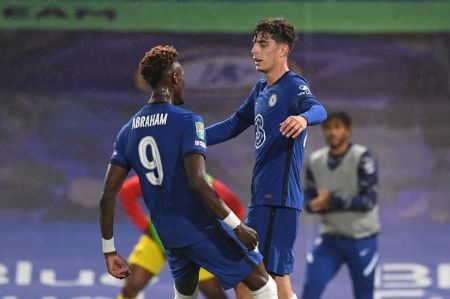 Kai Havertz celebrating with Chelsea striker Tammy Abraham after scoring against Barnsley.